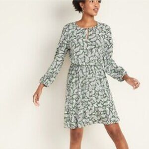 Old Navy Green Floral Mini Dress Long Sleeve Leaf Short Ivory Cottage Plus XXL